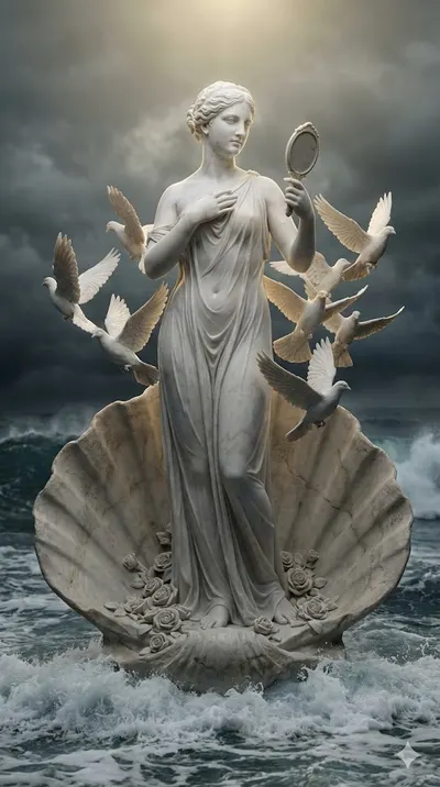 Estátua de mármore de Afrodite (Vênus) numa concha sobre o mar, segurando um espelho, cercada de pombas brancas.