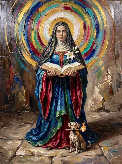 Pintura texturizada da Beata Joana de Aza, de manto azul e véu, com livro aberto e lírio; um cão com tocha aos pés.