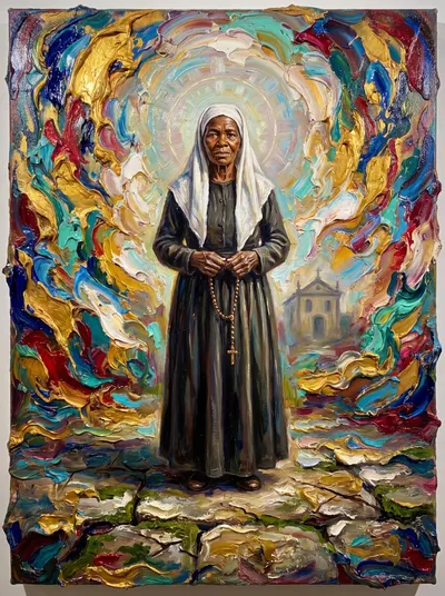 Pintura texturizada da Beata Nhá Chica, mulher negra idosa de véu branco e hábito escuro, com terço nas mãos.