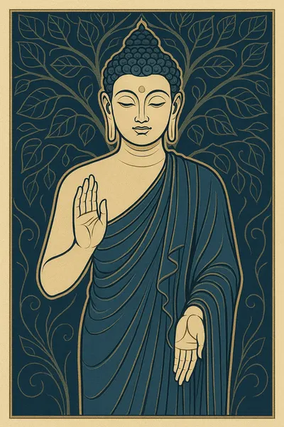 Ilustração estilizada do Buda sereno, manto azul-petróleo, mão direita erguida em proteção diante de folhas da Bodhi.
