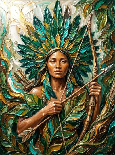 Pintura texturizada da Cabocla Jurema, mulher indígena de cocar de penas verdes, com arco e flecha entre folhagens.