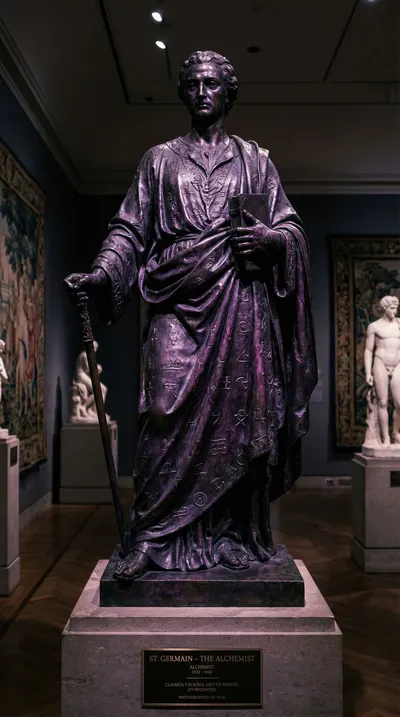 Estátua de bronze do Conde de Saint Germain em túnica coberta de símbolos alquímicos, com bengala e livro, em museu.
