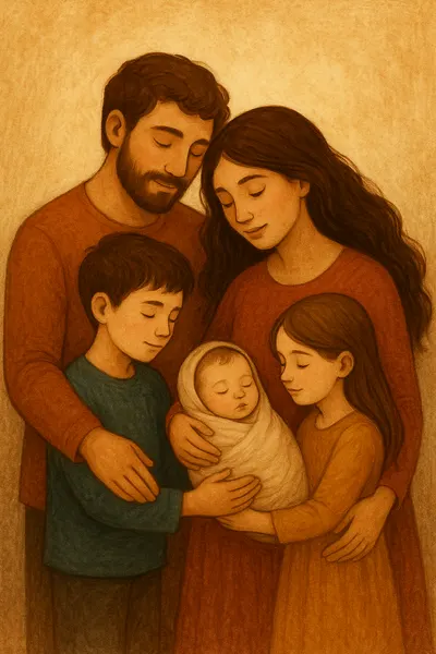 Ilustração em tons terrosos de uma família — pai, mãe, um menino e uma menina — abraçando um bebê recém-nascido.