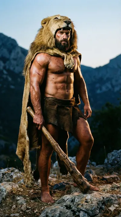Hércules musculoso com a pele do leão de Nemeia sobre a cabeça, segurando uma clava, em terreno rochoso ao entardecer.