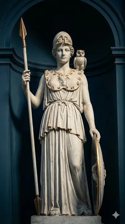 Estátua de mármore de Atena (Minerva) com elmo, lança e a égide com a Medusa; uma coruja pousada no ombro.