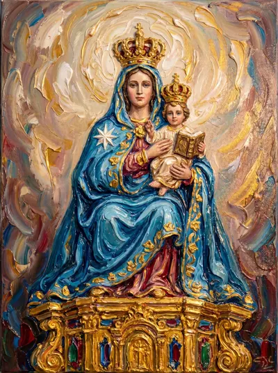 Pintura texturizada de Nossa Senhora coroada com o Menino Jesus no colo, ambos coroados, sobre trono barroco dourado.
