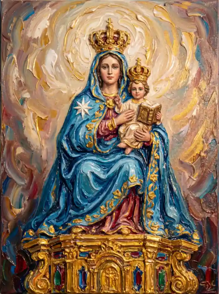 Pintura texturizada de Nossa Senhora coroada com o Menino Jesus no colo, ambos coroados, sobre trono barroco dourado.