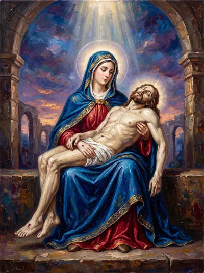 Escultura policromada da Pietà: Nossa Senhora de manto azul ampara Cristo morto no colo, com uma espada no peito.