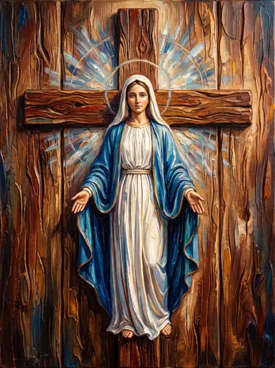 Pintura texturizada de Nossa Senhora de mãos abertas, manto azul e véu, diante de uma grande cruz de madeira.