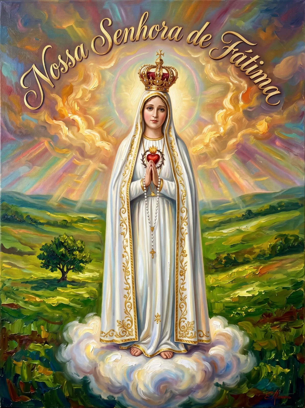 Nossa Senhora de Fátima de manto branco e coroa dourada, mãos unidas com terço, sobre uma nuvem.