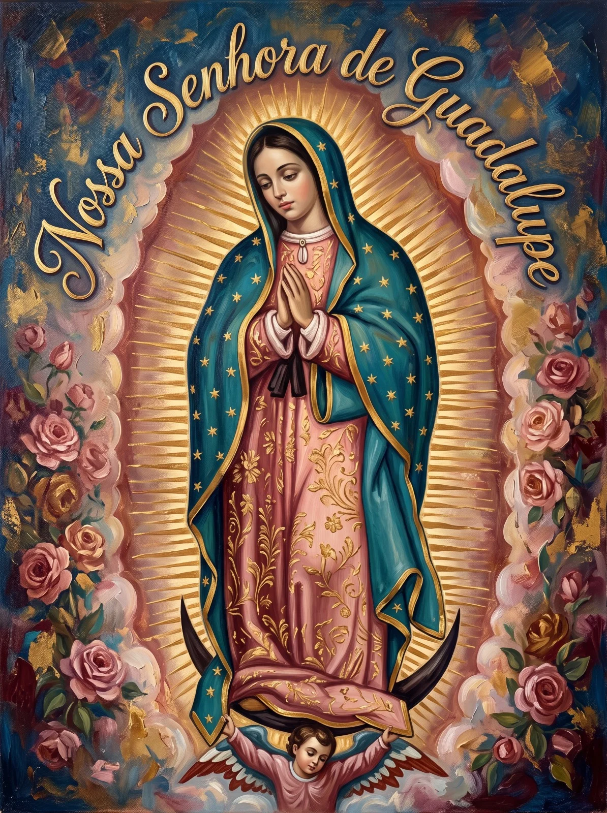 Nossa Senhora de Guadalupe de manto azul-esverdeado estrelado e túnica rosa dourada, sobre a lua e um anjo.