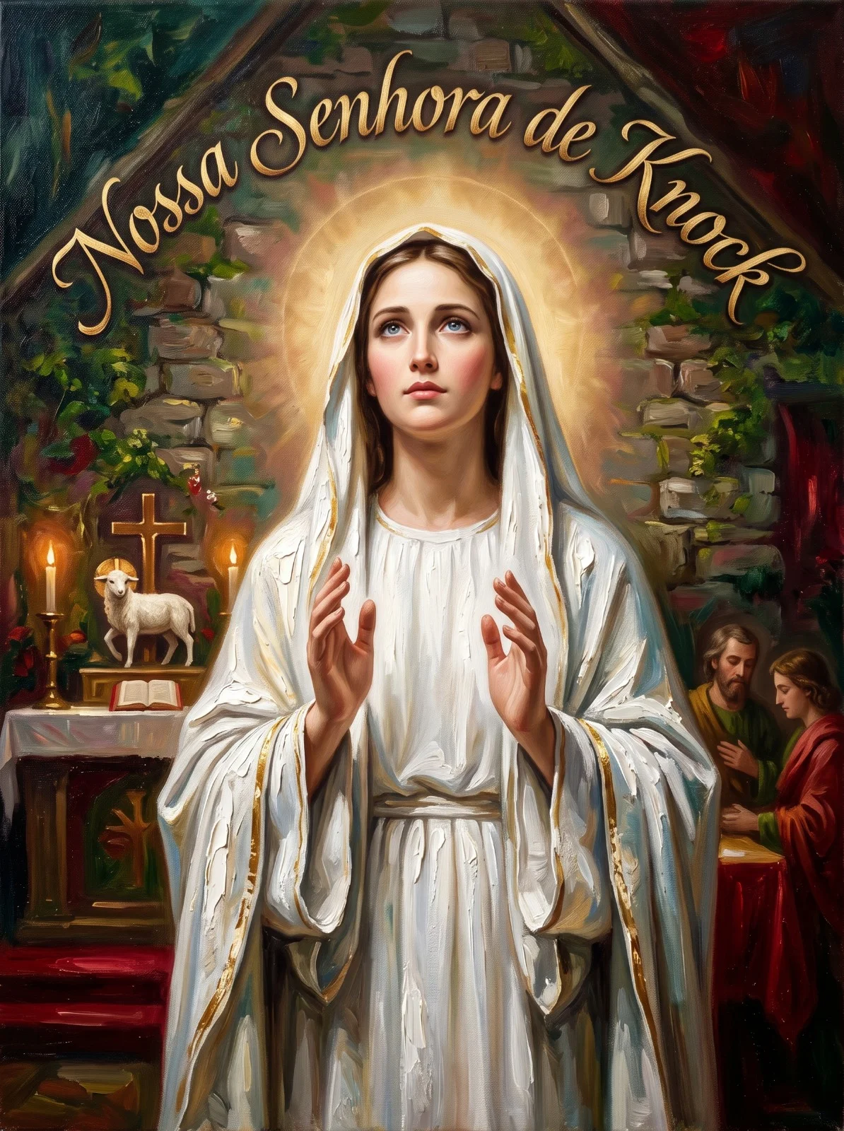 Nossa Senhora de Knock em manto branco, mãos e olhos erguidos, diante do frontão de pedra da capela.