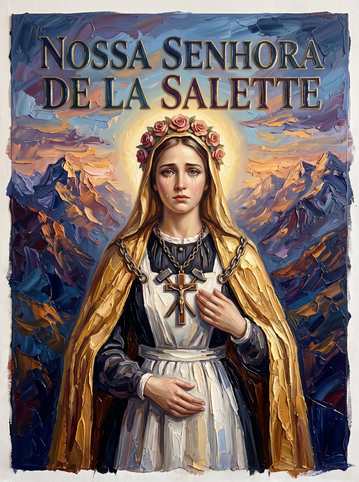 Nossa Senhora de La Salette em lágrimas, coroa de rosas e capa dourada, com o crucifixo e as correntes ao peito.