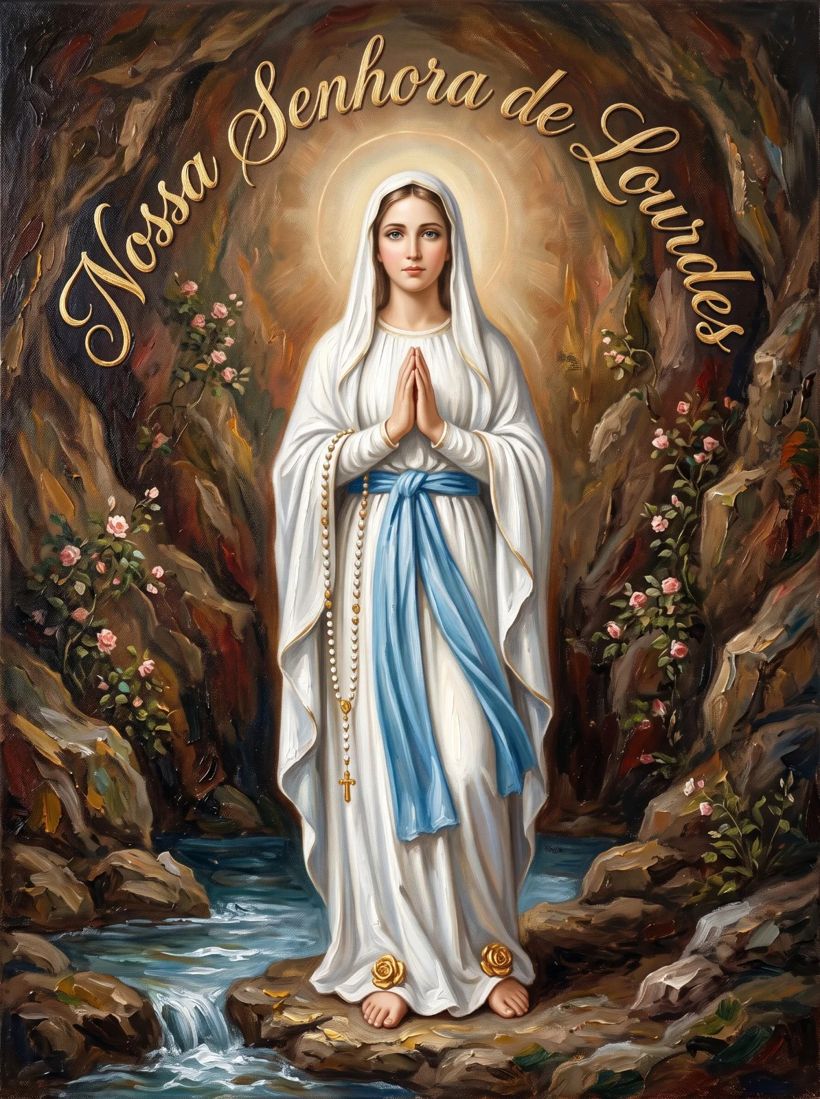 Nossa Senhora de Lourdes de túnica branca com faixa azul e rosas douradas nos pés, na gruta com a fonte.