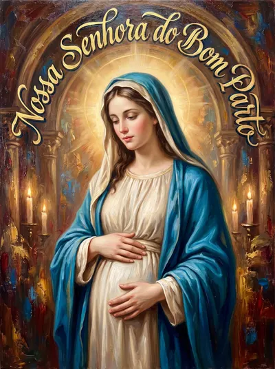 Nossa Senhora do Bom Parto grávida, mãos sobre o ventre, de vestido claro e manto azul.