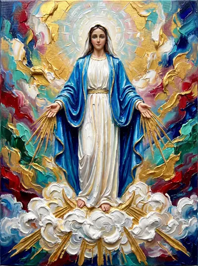Pintura texturizada de Nossa Senhora de mãos abertas emanando raios dourados, manto azul, sobre nuvens brancas.