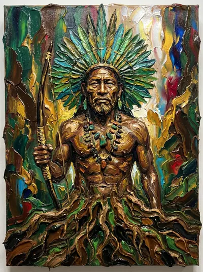 Pintura texturizada de um Caboclo idoso com cocar de penas verdes e colares, segurando um arco, envolto em folhagens.