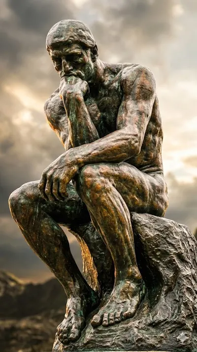 Escultura de bronze 'O Pensador', homem nu sentado com o queixo apoiado na mão, sob um céu nublado.