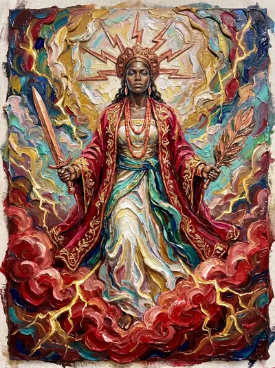 Pintura texturizada de Iansã, mulher negra coroada com colares vermelhos, empunhando espada de cobre entre raios.