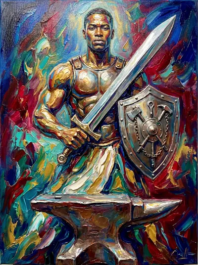 Pintura texturizada de Ogum, guerreiro negro com espada e escudo de emblemas, postado atrás de uma bigorna.