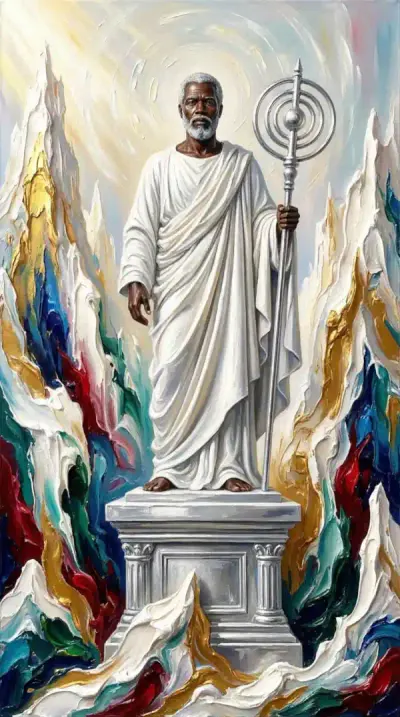 Pintura texturizada de Oxalá, homem negro idoso todo de branco, com o paxorô prateado, sobre um pedestal.