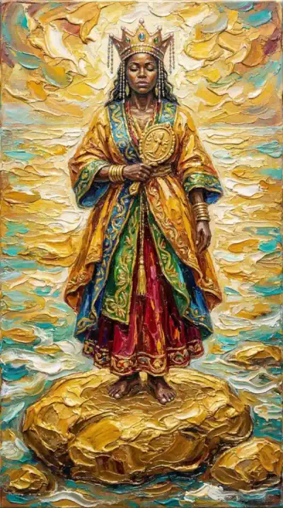 Pintura texturizada de Oxum, mulher negra coroada em ricas vestes douradas, com um abebé (espelho), sobre águas de ouro.