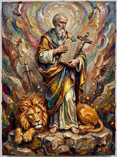 Pintura texturizada de Xangô como ancião de vestes douradas, com as tábuas da lei e um crucifixo, um leão aos pés.