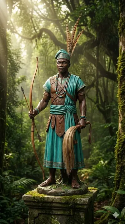 Oxóssi, caçador negro de cocar de penas e túnica turquesa, com arco e flecha, sobre pedestal na mata verde.
