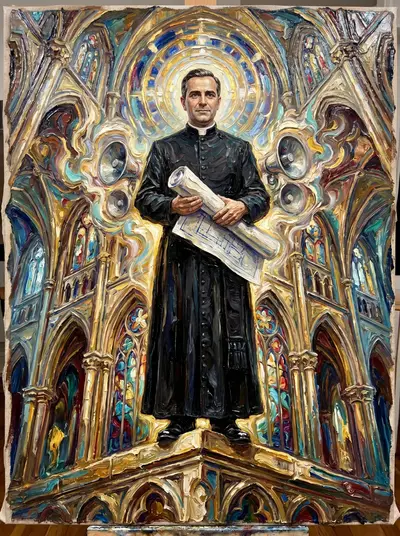 Pintura texturizada do Padre José Alberto, de batina preta, segurando plantas de projeto, em catedral gótica.