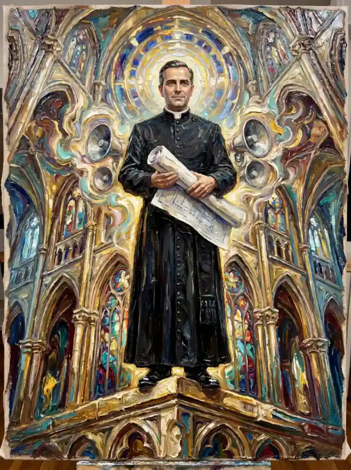 Pintura texturizada do Padre José Alberto, de batina preta, segurando plantas de projeto, em catedral gótica.