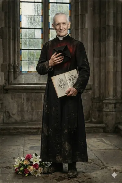 Foto do Padre Reus idoso e sorridente, de batina preta, segurando o barrete e um livro com o Sagrado Coração.