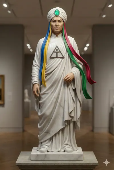 Estátua de mármore de Ramatis, jovem de turbante com gema verde e véus coloridos, com emblema de triângulo e cruz.