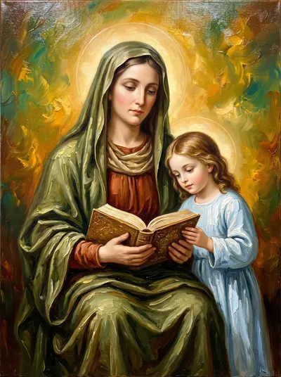 Pintura texturizada de Santa Ana, de véu verde e manto sobre veste vermelha, com um pequeno pergaminho e halo.