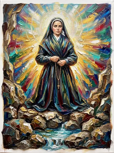 Pintura texturizada de Santa Bernadete, jovem freira de hábito escuro com terço, entre rochas e uma nascente.