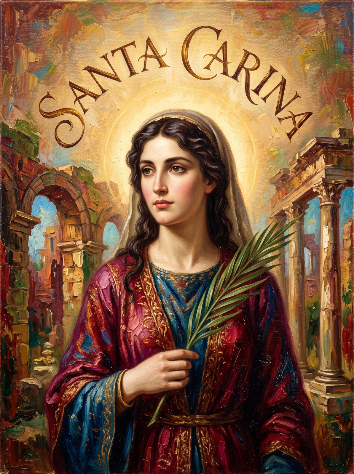 Santa Carina de Ancira com véu e vestes carmesim e azul bordadas a ouro, segurando a palma do martírio.