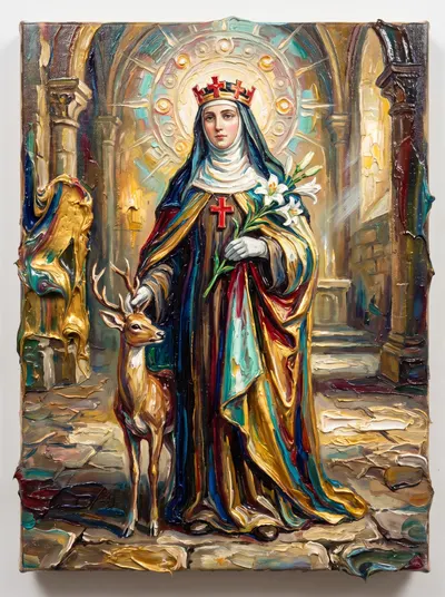 Pintura texturizada de Santa Catarina da Suécia, de véu e coroa vermelha com cruzes, segurando lírios brancos com um cervo ao lado.