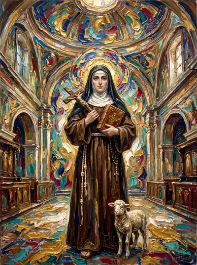Pintura texturizada de Santa Coleta, freira de hábito marrom com crucifixo e livro, um cordeiro a seus pés.