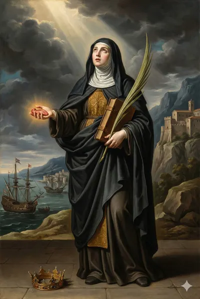 Pintura barroca de Santa Flávia, freira de véu negro com livro e palma de mártir, uma brasa na mão; coroa no chão.
