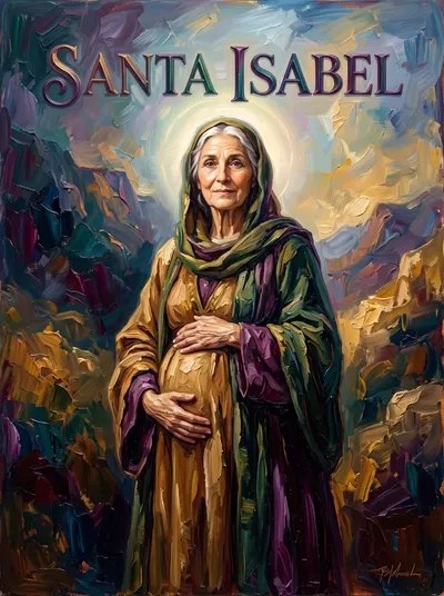Santa Isabel idosa e grávida, de mãos sobre o ventre, em vestes ocre com manto verde e roxo.