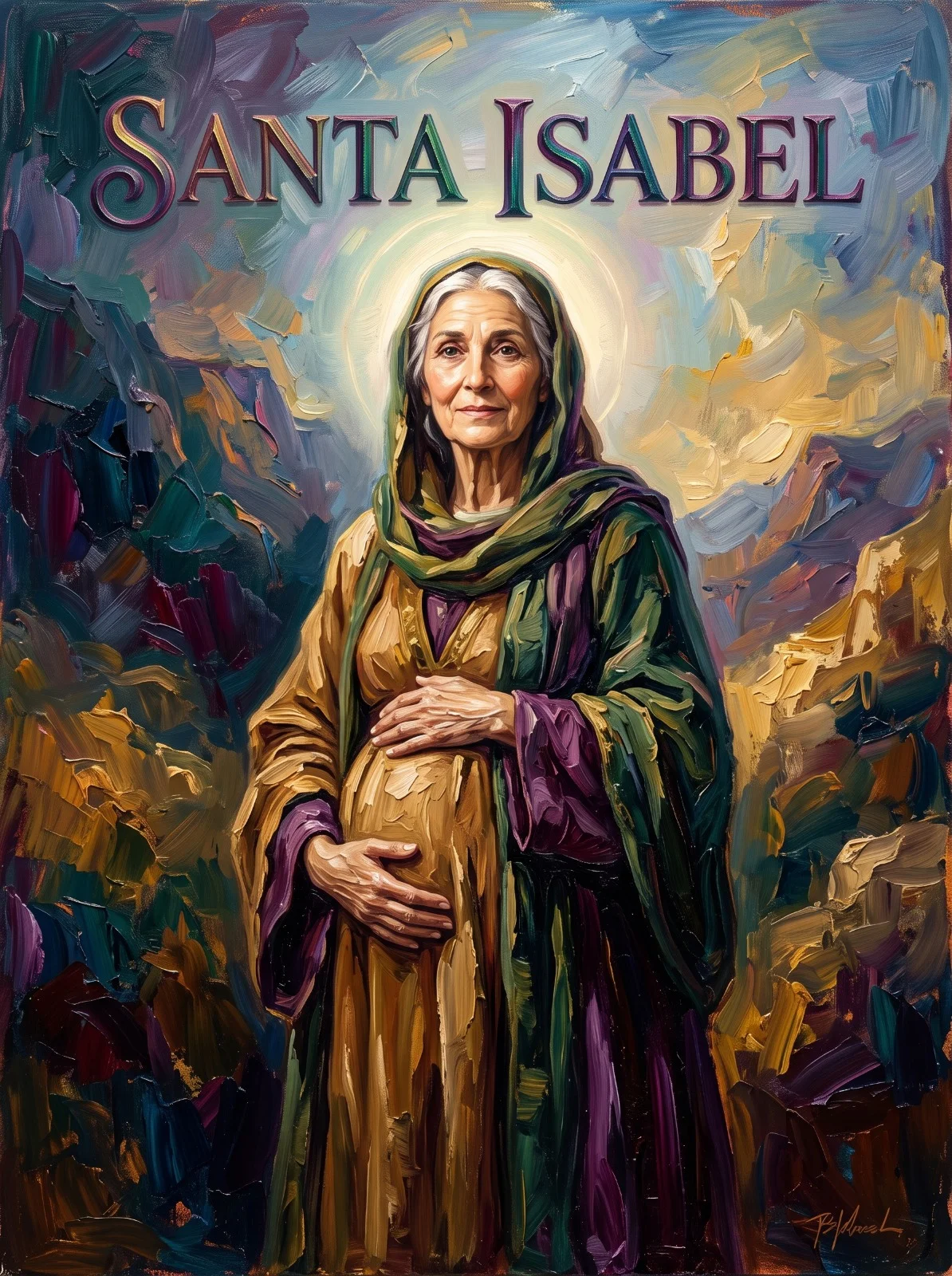 Santa Isabel idosa e grávida, de mãos sobre o ventre, em vestes ocre com manto verde e roxo.