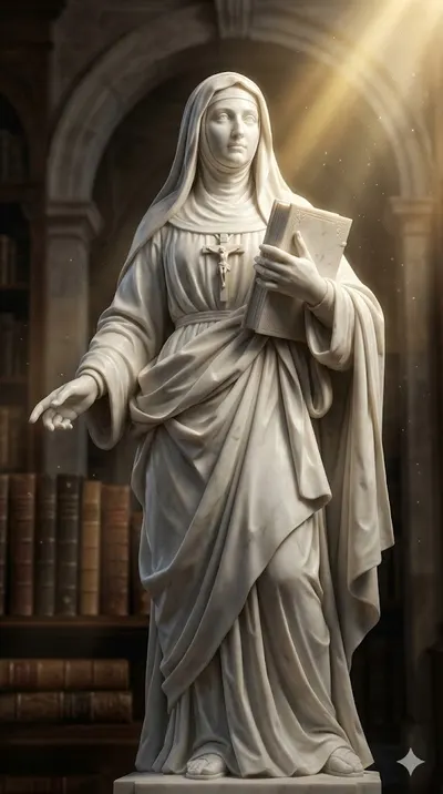 Estátua de mármore de Santa Lúcia Filippini, freira de véu com livro e crucifixo, diante de uma estante de livros.