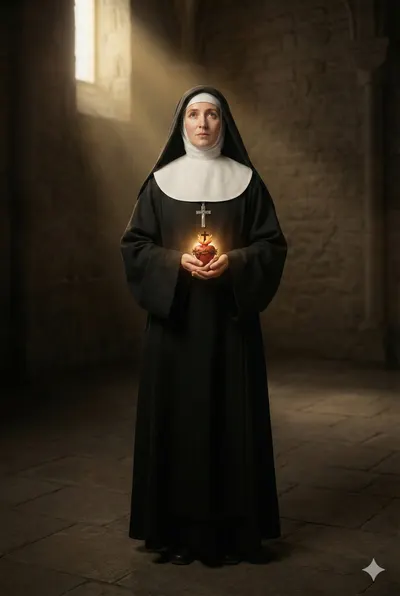 Foto de Santa Margarida Maria Alacoque, freira de hábito negro, segurando nas mãos o Sagrado Coração luminoso.
