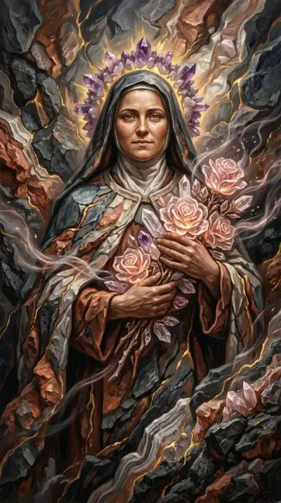 Pintura de Santa Teresinha com coroa de cristais de ametista, segurando rosas cor-de-rosa e quartzos ao peito.