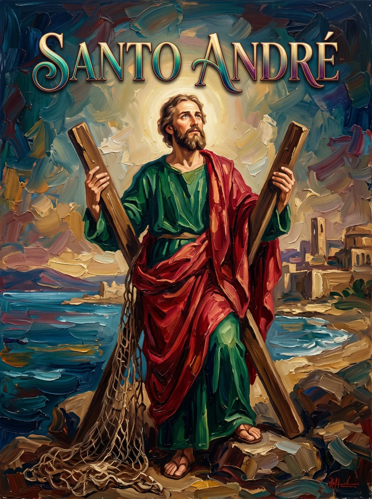 Santo André Apóstolo abraçado à cruz em X, com a rede de pesca aos pés e o mar ao fundo.