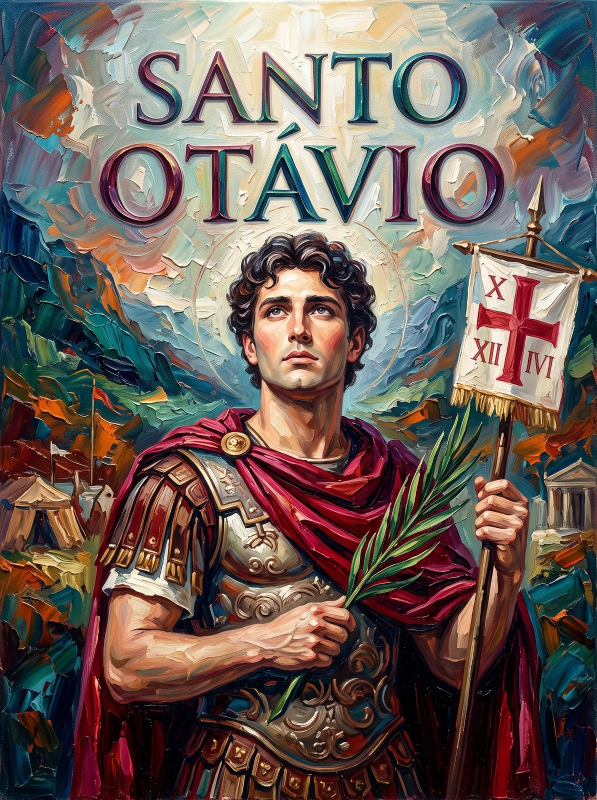 Santo Otávio de Turim em armadura romana e capa carmesim, com a palma do martírio e o estandarte da legião.