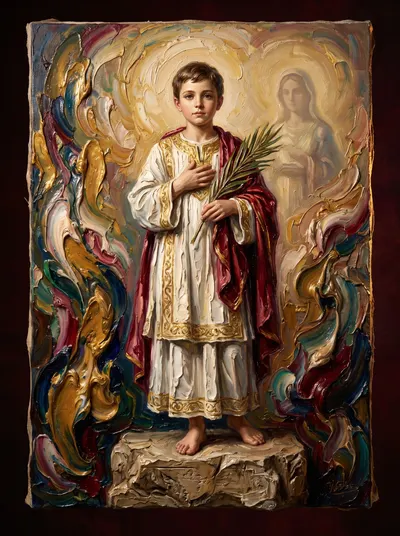 Pintura texturizada de São Celso, menino de túnica branca e manto vermelho, com a palma de mártir, e halo.