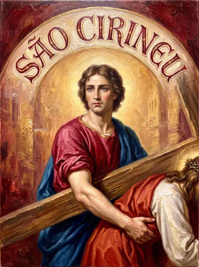 Pintura de São Cirineu, jovem de túnica vermelha e manto azul, ajudando a carregar a cruz de Cristo, coroado de espinhos.