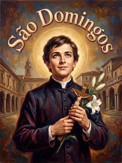 Pintura de São Domingos Sávio, jovem seminarista de batina preta e colarinho branco, com crucifixo e lírios brancos.