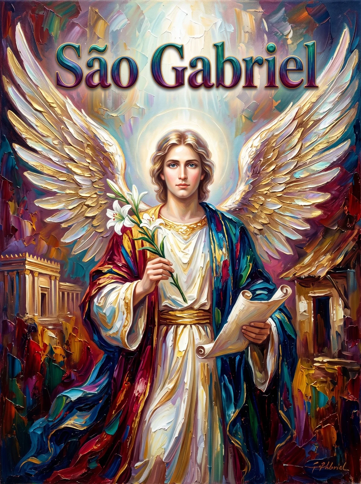 São Gabriel Arcanjo de grandes asas brancas, segurando lírios e um pergaminho.