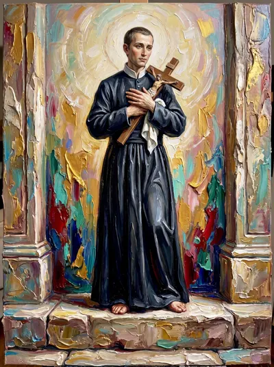Pintura texturizada de São Geraldo Majella, jovem sacerdote de batina preta abraçando um crucifixo, com halo.